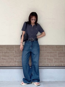 「CANAL JEAN（キャナルジーン）のEl mar(エルマール) オーバルバックルレザーベルト（ベルト、ブラック系）」を使った、SIZUさん（レディース・156cm）の夏コーディネート