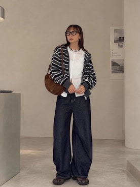 「tiptop（ティップトップ）のマルチボーダーZIPパーカー（パーカー、グレー系）」を使った、SIZUさん（レディース・156cm）の秋コーディネート