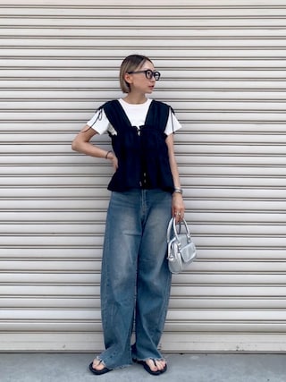 「tiptop（ティップトップ）のリボン使いギャザーブラウス（シャツ/ブラウス）」を使った、SIZUさん（レディース・156cm）の夏コーディネート