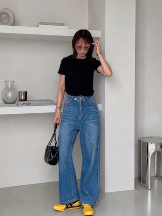 「GeeRA(ジーラ)の美脚見え!2ボタンウエストワイドデニムパンツ(デニムパンツ)」を使った、SIZUさん(レディース・156cm)の秋コーディネート