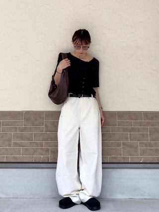 「tiptop（ティップトップ）のチョーカー付き前ギャザーテレコT（Tシャツ/カットソー）」を使った、SIZUさん（レディース・156cm）の夏コーディネート