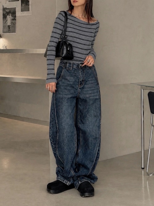 「KUREN(クレン)のボーダーオフショルニット(ニット/セーター)」を使った、SIZUさん(レディース・156cm)の秋コーディネート