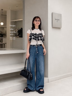 「tiptop（ティップトップ）のシアーチェックフリルビスチェ（キャミソール、ブラック系）」を使った、SIZUさん（レディース・156cm）の夏コーディネート