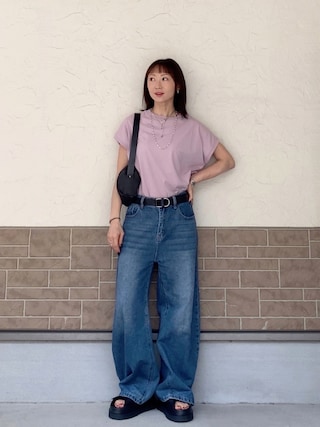 「andme(アンドミー)の【新サイズ・新色追加】USAコットン汗染み防止フレンチスリーブTシャツ(Tシャツ/カットソー)」を使った、SIZUさん(レディース・156cm)の夏コーディネート