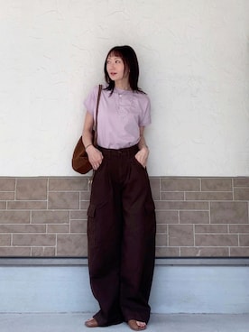 「andme（アンドミー）の【新サイズ・新色追加】USAコットン汗染み防止フレンチスリーブTシャツ（Tシャツ/カットソー、パープル系）」を使った、SIZUさん（レディース・156cm）の夏コーディネート