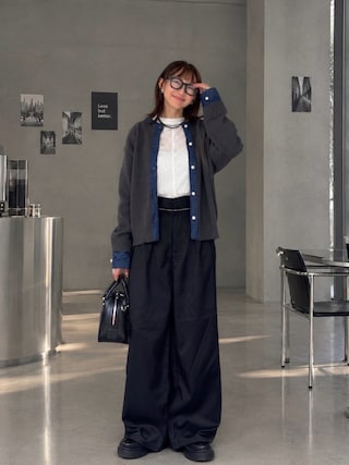 「BONLECILL(ボンルシール)のデニム切替パールボタンニットジャケット(カーディガン/ボレロ)」を使った、SIZUさん(レディース・156cm)の秋コーディネート