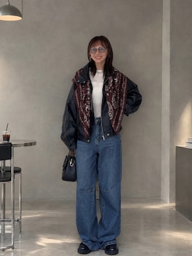 「tiptop（ティップトップ）の合皮スタンドカラーブルゾン（ブルゾン、ブラック系）」を使った、SIZUさん（レディース・156cm）の秋コーディネート