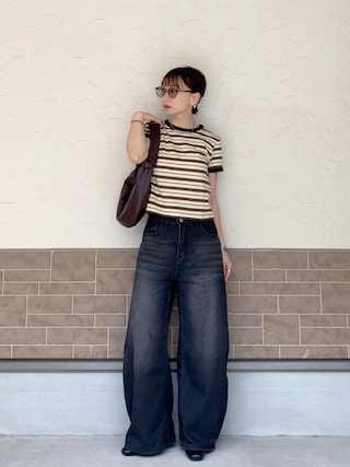 「feepur（フェピュール）のマルチボーダーコンパクトリンガーTee（Tシャツ/カットソー）」を使った、SIZUさん（レディース・156cm）の春コーディネート