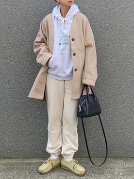 「ボストンバッグ」｜「アイテム（ノーカラーコート）」を使った、SIZUさん（レディース・156cm）の冬コーディネート