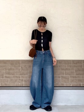 「Auntie Rosa Holiday（アンティローザホリデー）の2WAYツイストシアー半袖プルオーバー（Tシャツ/カットソー、ブラック系）」を使った、SIZUさん（レディース・156cm）の夏コーディネート