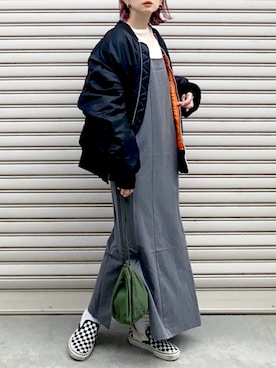 「巾着バッグ」｜「アイテム（MA-1）」を使った、SIZUさん（レディース・156cm）の秋コーディネート