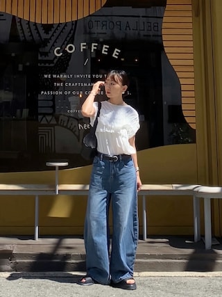 「forksy.(フォルクシー)の【forksy.】<エブリデイシリーズ>前後2way シャーリング カットフリル ショートスリーブTシャツ(Tシャツ/カットソー)」を使った、SIZUさん(レディース・156cm)の夏コーディネート