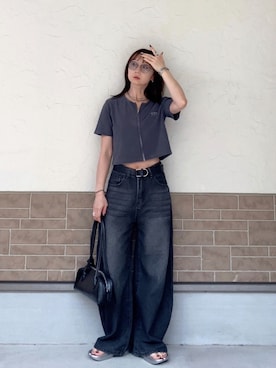 「CANAL JEAN（キャナルジーン）のEl mar(エルマール) オーバルバックルレザーベルト（ベルト、ブラック系）」を使った、SIZUさん（レディース・156cm）の夏コーディネート