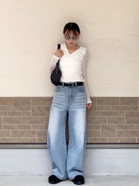 「CANAL JEAN（キャナルジーン）のEl mar(エルマール) オーバルバックルレザーベルト（ベルト、ブラック系）」を使った、SIZUさん（レディース・156cm）の夏コーディネート