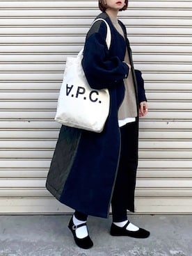 「ニット/セーター」｜「アイテム（ノーカラーコート）」を使った、SIZUさん（レディース・156cm）の冬コーディネート