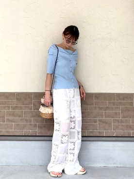 「full/fill.（フルフィル）のflower crochet patchwork pants / フラワークロシェパッチワークパンツ（その他パンツ、ホワイト系）」を使った、SIZUさん（レディース・156cm）の夏コーディネート