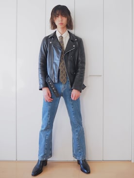「beautiful people（ビューティフルピープル）のアイテム（ライダースジャケット）」を使った、ヨウさん（メンズ・174cm）の冬コーディネート