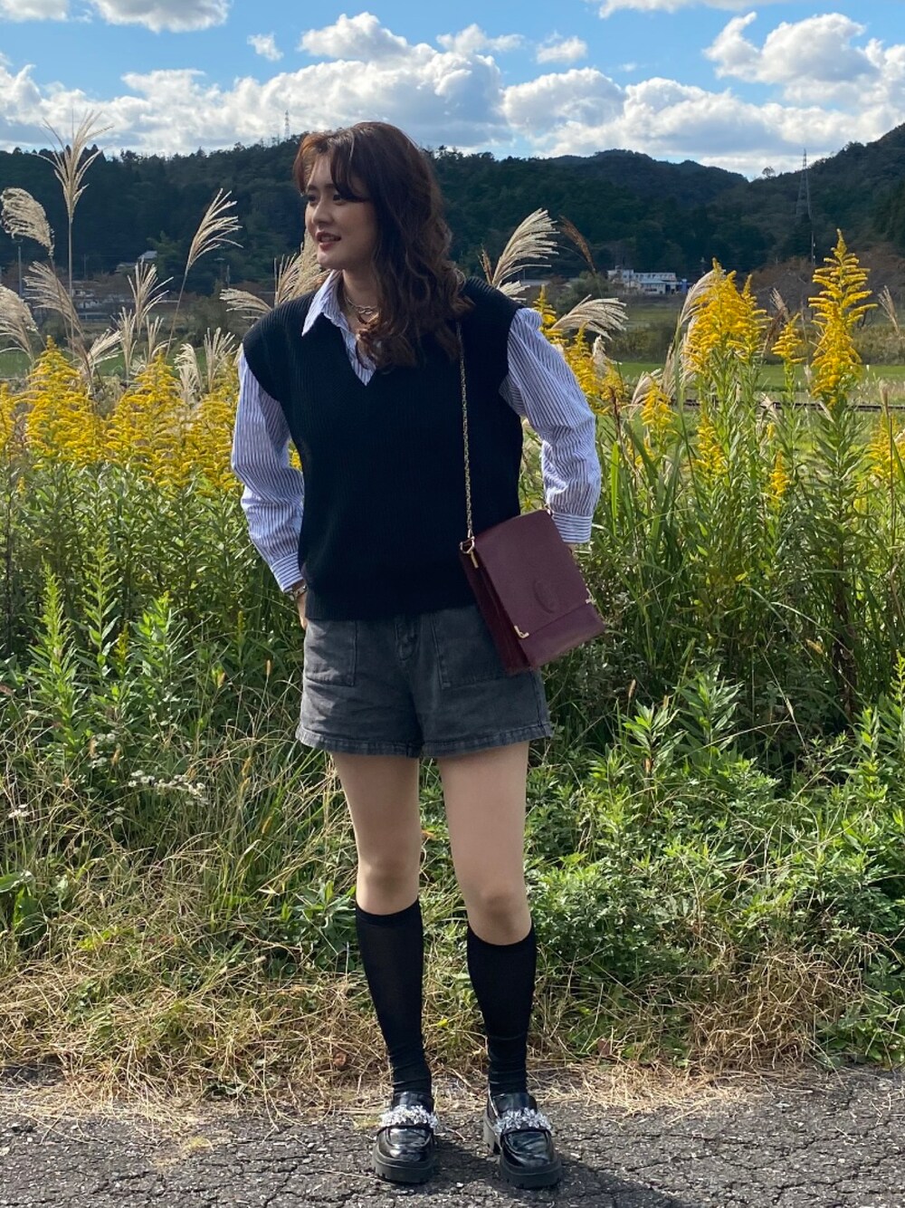「カジュアル、ショートパンツ、ストライプ、ZARA、ニットベスト、休日コーデ、厚底ローファー、秋コーデ、シアーソックス、ニットコーデ、wearhalloween2021」｜「Cartierのアイテム（バッグ、レッド系）」を使った、みささん（レディース・162cm）の秋コーディネートの1枚目の写真