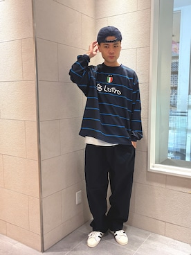 「URBAN RESEARCH（アーバンリサーチ）のLOTTO　itteki BORDER LONG-SLEEVE GAME SHIRTS（Tシャツ/カットソー、ブルー系）」を使った、Tommyさん（メンズ・175cm）の秋コーディネート