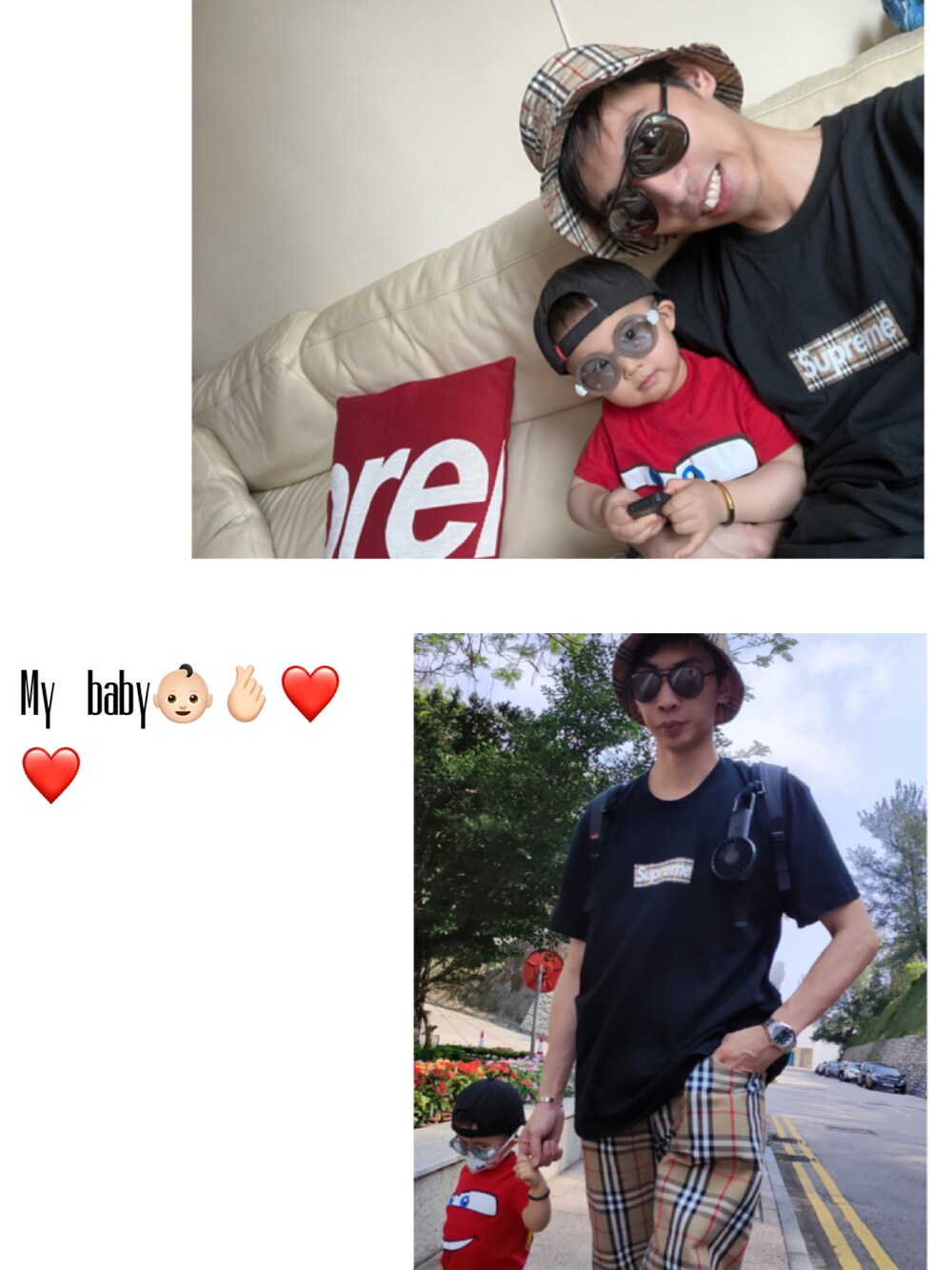 「hk men」｜「Supreme x Burberryのアイテム（Tシャツ/カットソー、ブラック系）」を使った、Sam🇭🇰 さん（メンズ・179cm）の春コーディネートの1枚目の写真