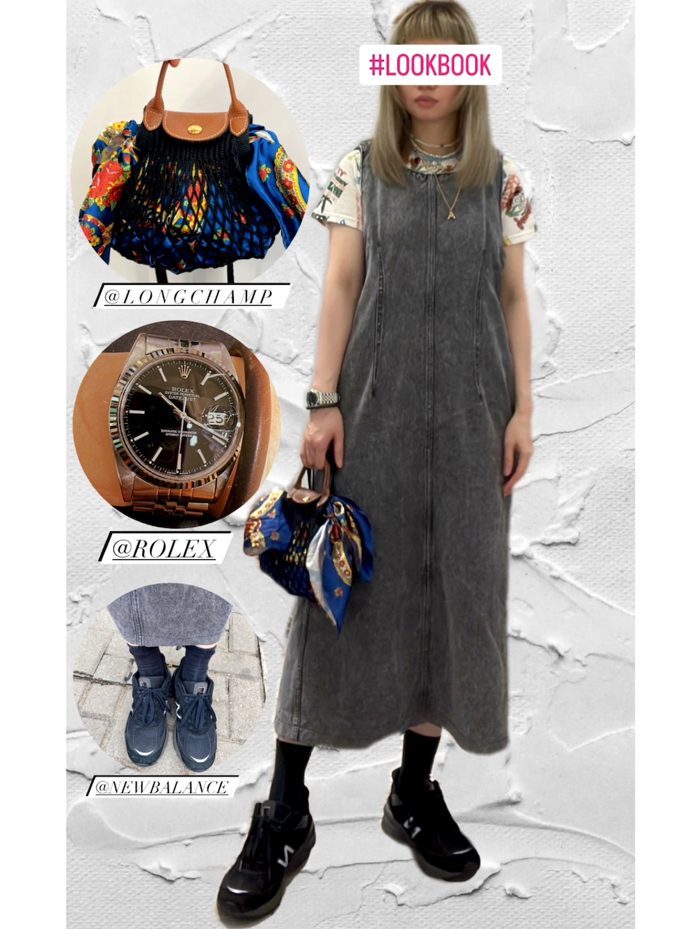 「ootd、球鞋、LONGCHAMP、New Balance、ROLEX、hysteric mini」｜「ECHELLE LiberteのLONGCHAMP LE PLIAGE FILET ロンシャン ル プリアージュ フィレ ネット ハンドバッグ（ハンドバッグ、ブラック系）」を使った、elppaKさん（レディース・161cm）の夏コーディネートの1枚目の写真