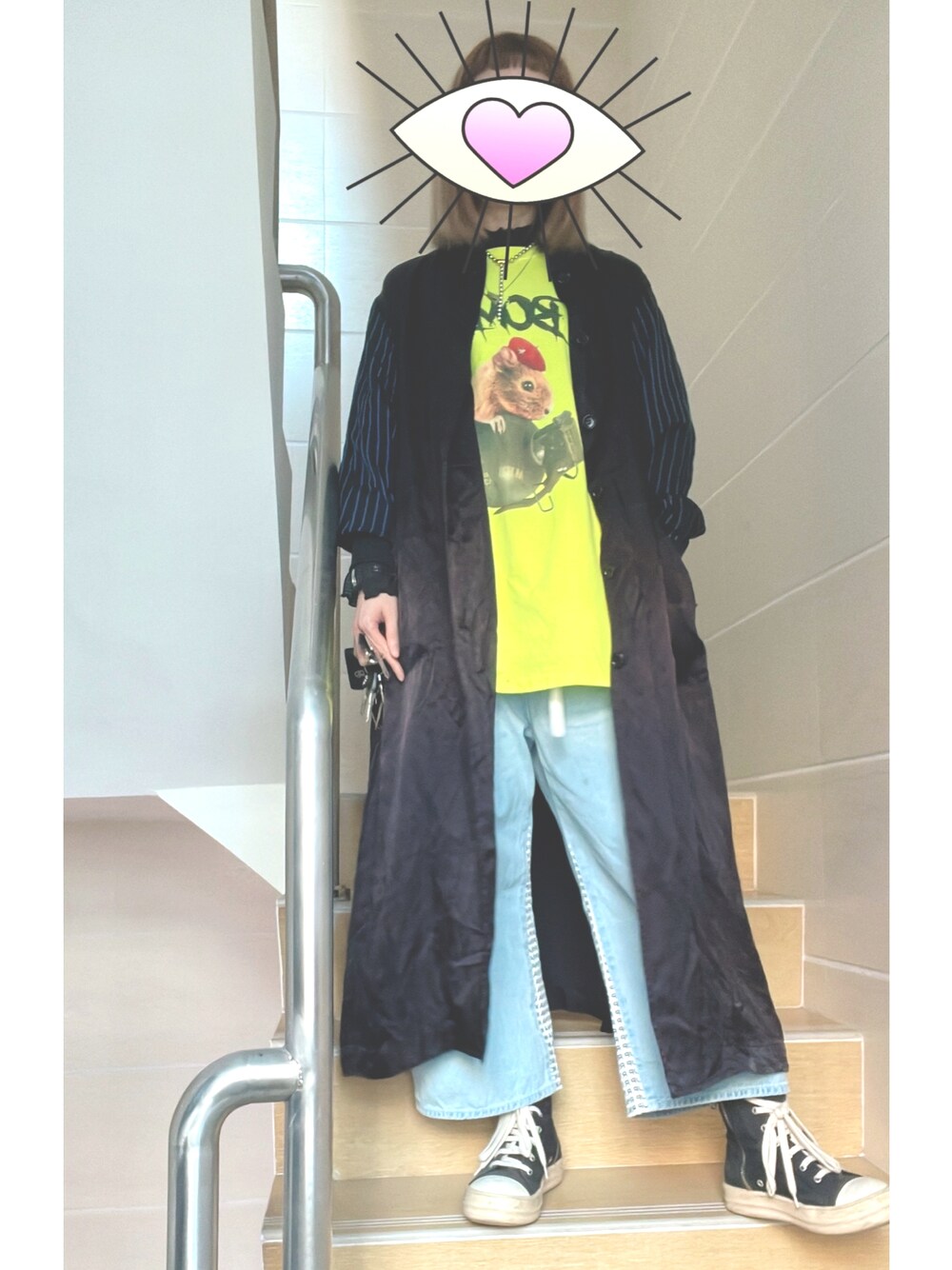 「COMME des GARCONS、KBF、RNA、RICK OWENS、ootd、MILKBOY、日系極簡、mystic」｜「MILKBOYのアイテム（Tシャツ/カットソー、イエロー系）」を使った、elppaKさん（レディース・161cm）の秋コーディネートの1枚目の写真