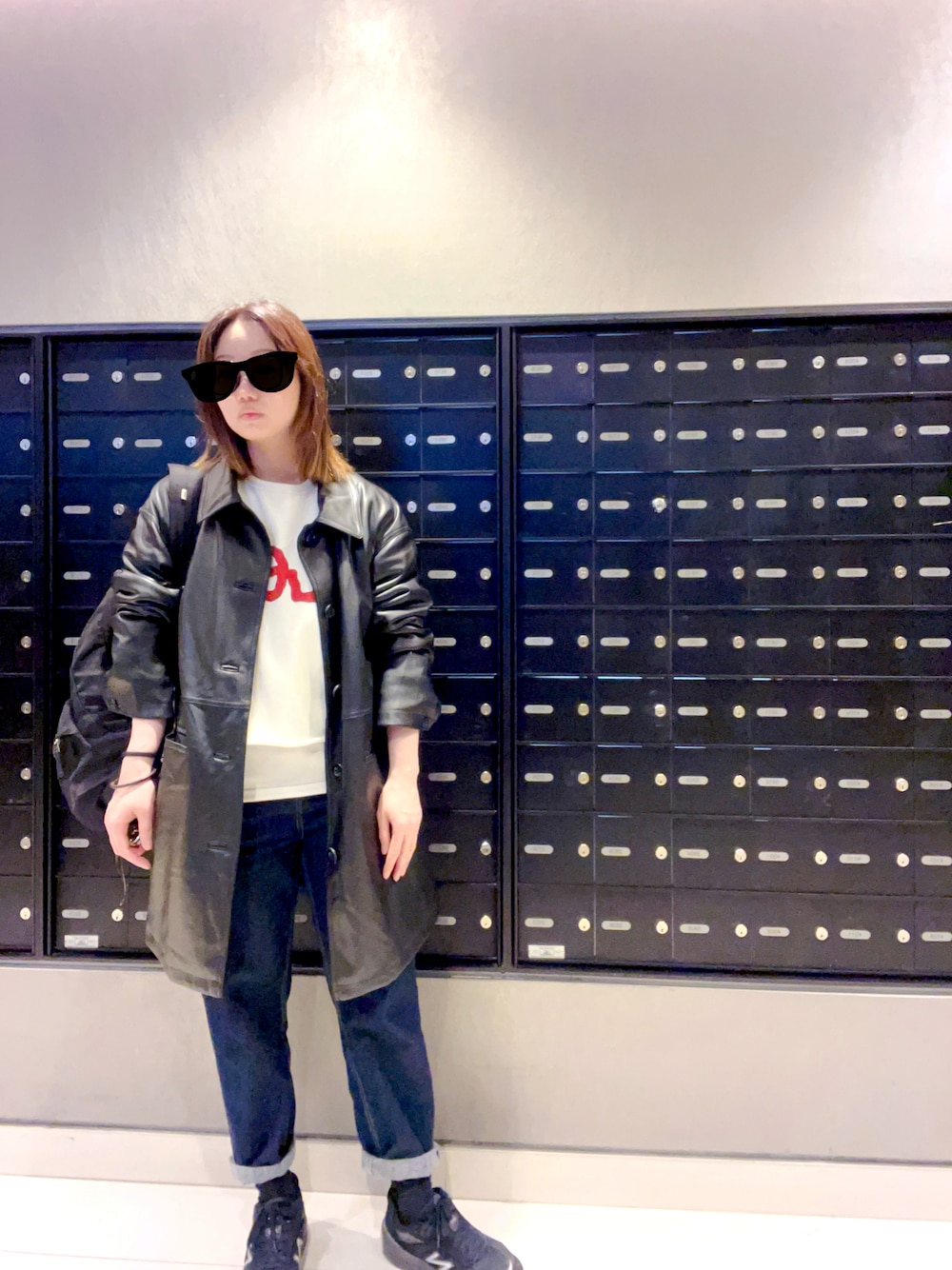 「TODAYFUL、LEE、春ファッション、大人カジュアル、今日のコーデ、New Balance、VANS、MILKFED.」｜「TODAYFULのレザーオーバージャケット（テーラードジャケット、ブラック系）」を使った、elppaKさん（レディース・161cm）の春コーディネートの1枚目の写真