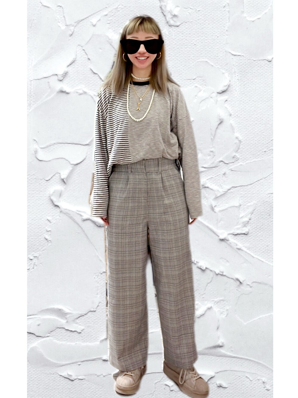 「toneontone、addidas、RICK OWENS、RickOwens×adidas、ROSE BUD、秋冬コーデ、今日のコーデ、LOWRYS FARM、nano・universe、pearl necklace」｜「w closetのセンタープレスストレートパンツ（その他パンツ、ブラウン系）」を使った、elppaKさん（レディース・161cm）の秋コーディネートの1枚目の写真