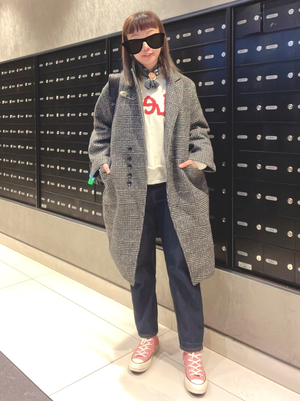 「LEE、冬のコーデ、converse、pink、nano・universe、KAPITAL、今日のコーデ、大人かわいい」｜「KAPITALのアイテム（マフラー、ブルー系）」を使った、elppaKさん（レディース・161cm）の冬コーディネートの1枚目の写真