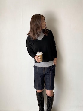 「バミューダパンツ」｜「アイテム（ジャケット/アウター）」を使った、三村有希さん（レディース・157cm）の冬コーディネート