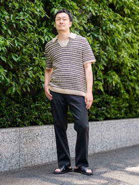 「Banana Republic（バナナリパブリック）のコットンブレンド ブークレ ストライプ ニットポロシャツ（ニット/セーター、ベージュ系）」を使った、BANANAREPUBLICさん（レディース・170cm）の春コーディネート