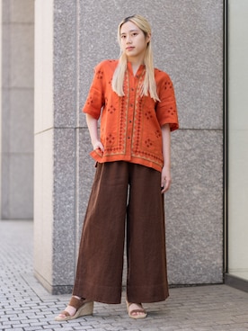 「Banana Republic（バナナリパブリック）のハイライズ ワイドレッグ リネン プルオンアンクルパンツ（その他パンツ、ブラウン系）」を使った、BANANAREPUBLICさん（メンズ・175cm）の春コーディネート