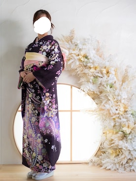 「分からないのアイテム（着物、パープル系）」を使った、モさん（レディース・155cm）の夏コーディネート