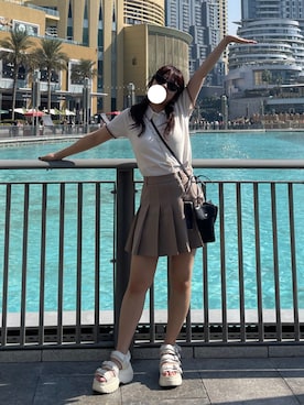 「GU（ジーユー）のアイテム（ポロシャツ、ホワイト系）」を使った、モさん（レディース・155cm）の夏コーディネート