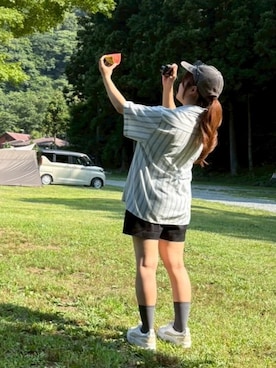 「WEGO（ウィゴー）のWEGO/ベルト付タックショートパンツ（その他パンツ、ブラック系）」を使った、モさん（レディース・155cm）の夏コーディネート