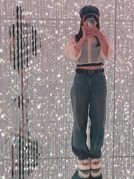 「GU（ジーユー）のアイテム（デニムパンツ、ブルー系）」を使った、モさん（レディース・155cm）の夏コーディネート