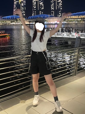 「WEGO（ウィゴー）のWEGO/ベルト付タックショートパンツ（その他パンツ、ブラック系）」を使った、モさん（レディース・155cm）の夏コーディネート