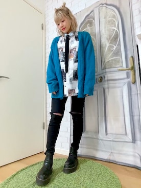 「DISCOAT（ディスコート）の【WEB限定/ユニセックス】モヘアライクシャギーカーディガン（カーディガン/ボレロ）」を使った、🍓mako🍓さん（レディース・161cm）の秋コーディネート