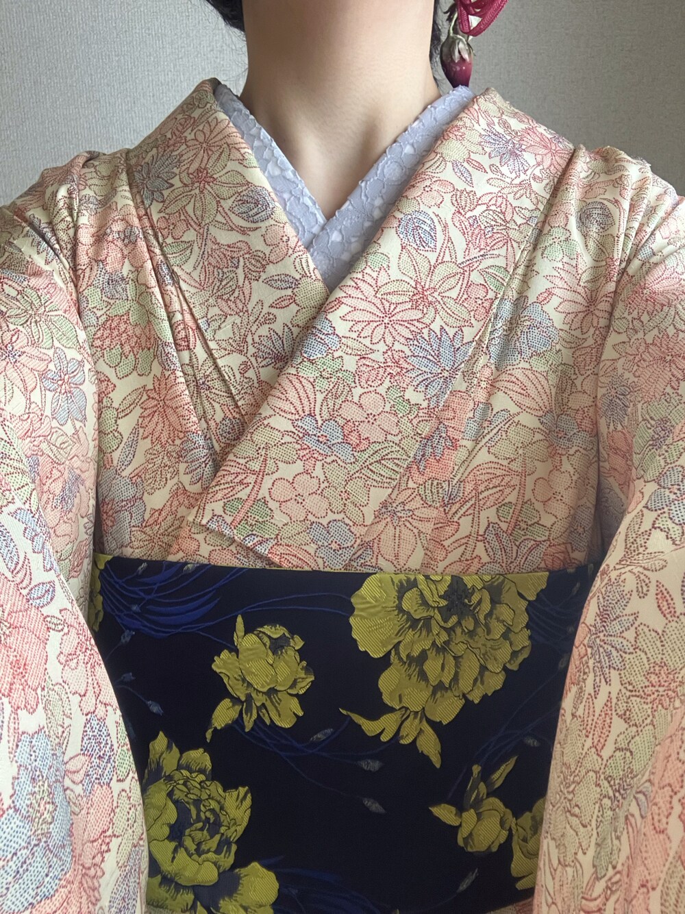 ブルー系の和装小物、ブルー系の和装小物、ピンク系の着物を着用したレディースの春コーディネートの1枚目の写真