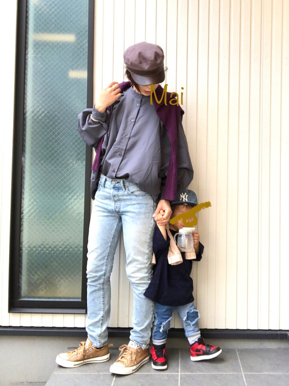 「だから秋服が好き、やっぱりデニムが好き、おやこーで。、スニーカーコーデ、コンバース、NIKE、aj1、monmimi、韓国子供服、男の子、2歳」｜「💫伸びたのアイテム（その他、その他）」を使った、mai✺maiさん（レディース・158cm）の秋コーディネートの1枚目の写真