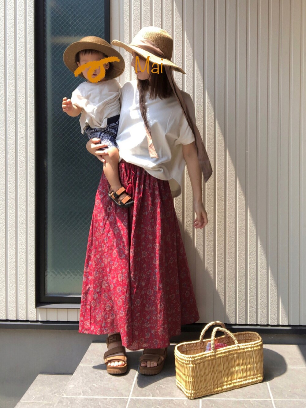 「おやこーで。、ストローハット、ボタニカル柄、かごバッグ、サンダル、monmimi、男の子、1歳」｜「組立の分度器💫のアイテム（その他、その他）」を使った、mai✺maiさん（レディース・158cm）の夏コーディネートの1枚目の写真