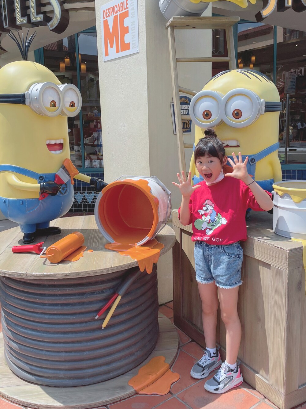 「キッズファッション、キッズコーデ、カジュアル、USJ」｜「BREEZEの/フリンジデニムショートパンツ（デニムパンツ、ブルー系）」を使った、🌴YRS◡̈⋆さん（キッズ・128cm）の秋コーディネートの1枚目の写真