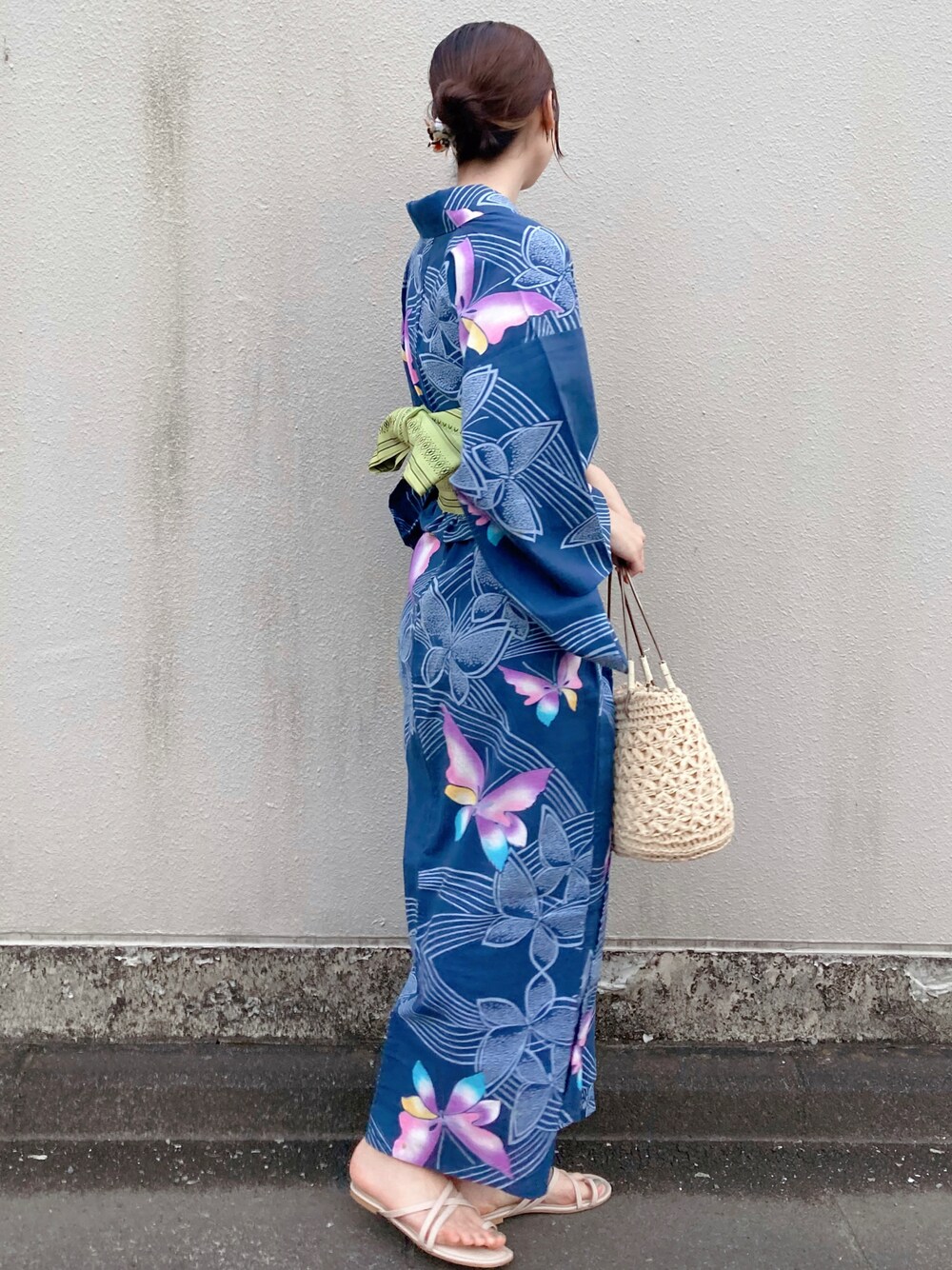 「夏コーデ、浴衣、ゆかた、かごバッグ、花火大会」｜「studio CLIPのナローラインサンダル（サンダル、ベージュ系）」を使った、nareさん（レディース・169cm）の夏コーディネートの1枚目の写真