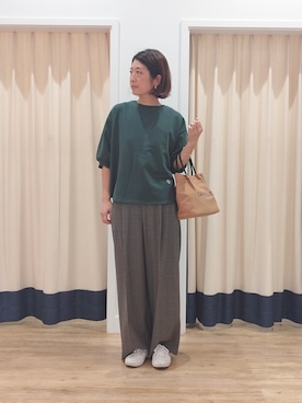 「Dessin（デッサン）のバックヘンリーカットソー5分袖（Tシャツ/カットソー、グリーン系）」を使った、pico1030さん（レディース）の夏コーディネート