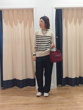 「Dessin（デッサン）のバイカラーデザインクルーネックニット（ニット/セーター、ベージュ系）」を使った、pico1030さん（レディース）の秋コーディネート
