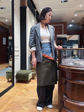 「IENA LA BOUCLE（イエナラブークル）のIENA LA BOUCLE グレンチェックダブルブレストジャケット（テーラードジャケット、グレー系）」を使った、otaさん（レディース・168cm）の春コーディネート