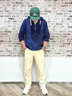 「avecのアイテム（キャップ、グリーン系）」を使った、odd10976さん（メンズ・186cm）の春コーディネート