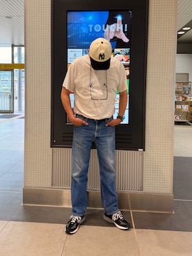 「AMERICAN NEEDLE（アメリカンニードル）のCAP/AMERICAN NEEDLE(アメリカンニードル)BALLPARK - NEW YORK BLACK YANKEESニューヨークブラックヤンキースNYロゴ刺繍クラシックデザインベースボールキャップ（キャップ、ホワイト系）」を使った、odd10976さん（メンズ・186cm）の夏コーディネート