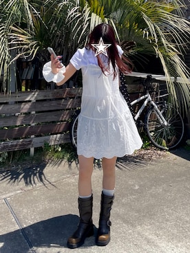 「SLY（スライ）のSIDE HOLE MIDDLE BOOTS サイド ソール ミドル ブーツ（ブーツ、ブラウン系）」を使った、bibi★さん（レディース・153cm）の春コーディネート