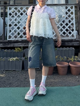 「ILLIGO（イリゴ）のピンタックフリルブラウスピンク（トップス、ピンク系）」を使った、bibi★さん（レディース・153cm）の春コーディネート